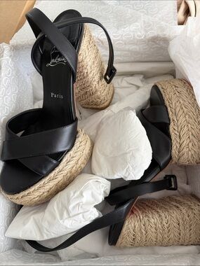 Christian Louboutin Black Leather Espadrille Wedge Sandals
